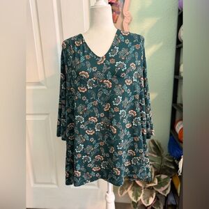 J. Jill Teal Floral V-Neck Tunic with Rust and Cream Accents